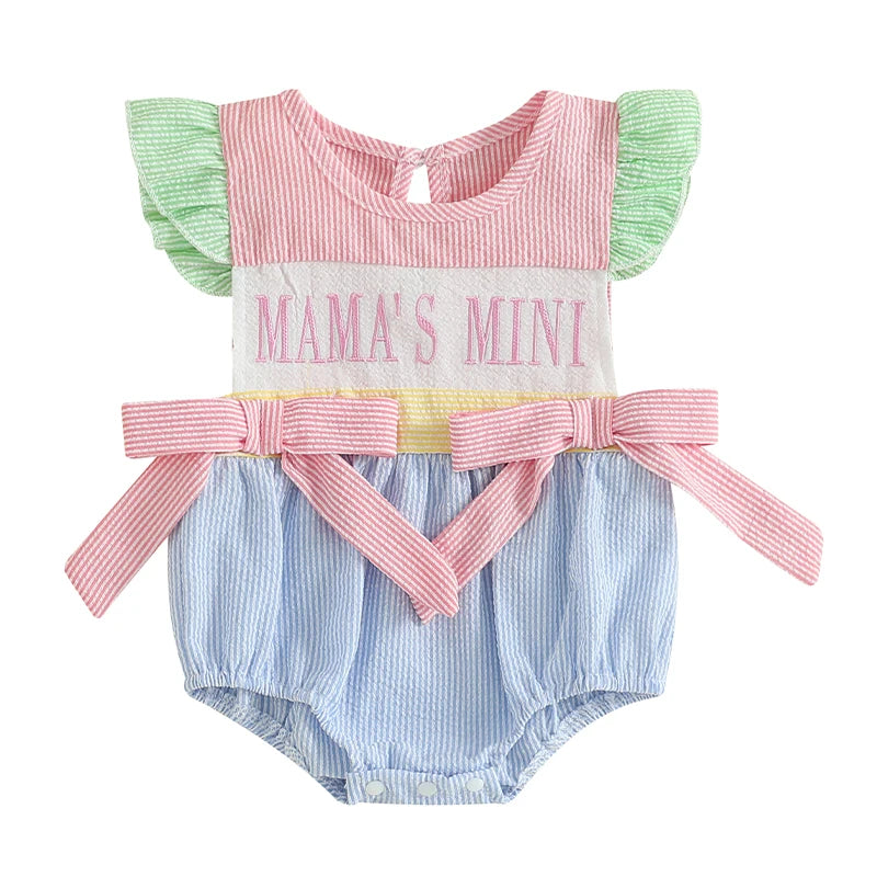 Adorable Baby Girls Romper with Flutter Sleeves Striped Design Cute Bows and Embroidered Letters - Perfect Summer Outfit for Little Ones - Pet and Family Living