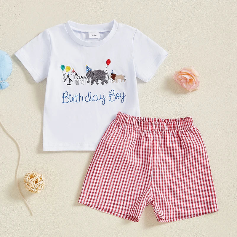Baby Boy Birthday Outfit Set with Cute Animal Print Top and Stylish Plaid Shorts - Toddler 2 Piece Clothing Set - Pet and Family Living 