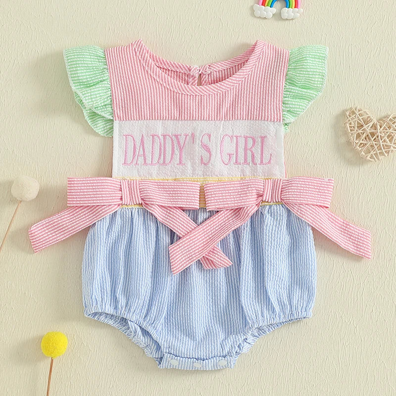 Adorable Baby Girls Romper with Flutter Sleeves Striped Design Cute Bows and Embroidered Letters - Perfect Summer Outfit for Little Ones - Pet and Family Living 
