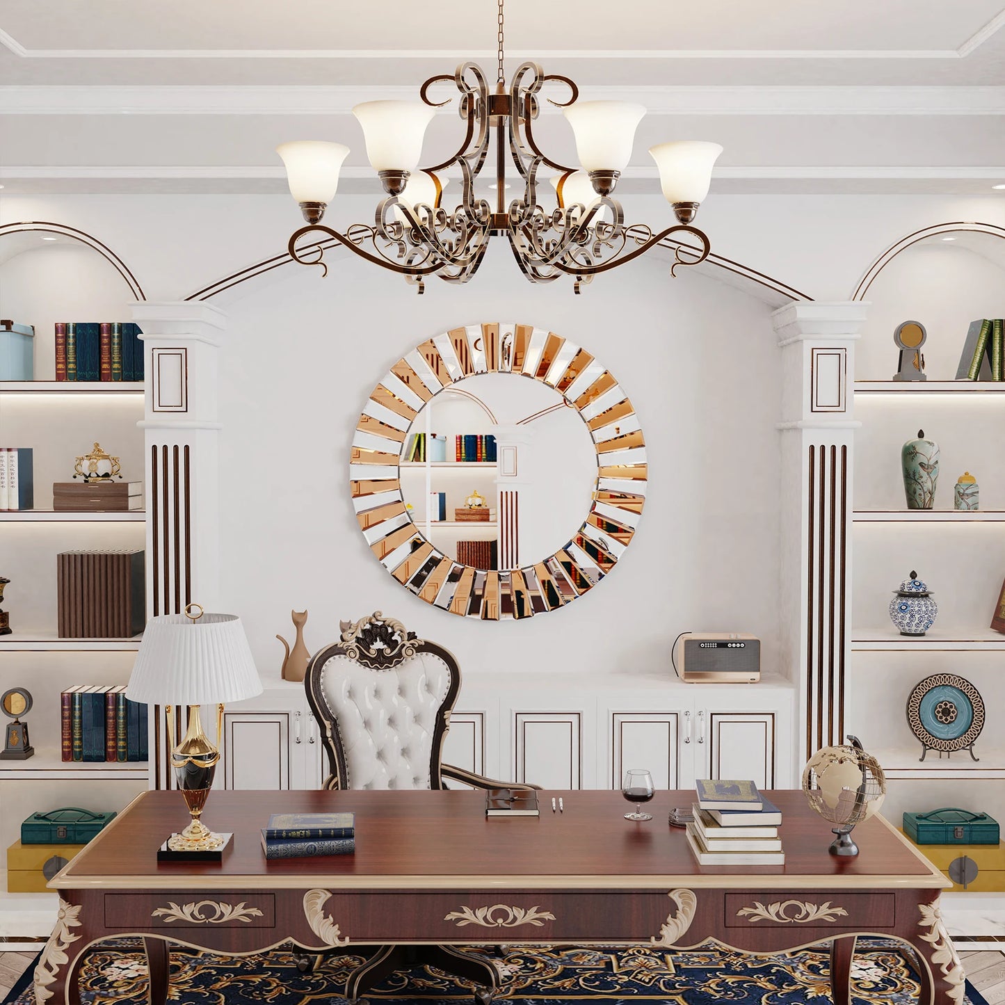 Round Sunburst Wall Mirror with Beveled Edge - Pet and Family Living 