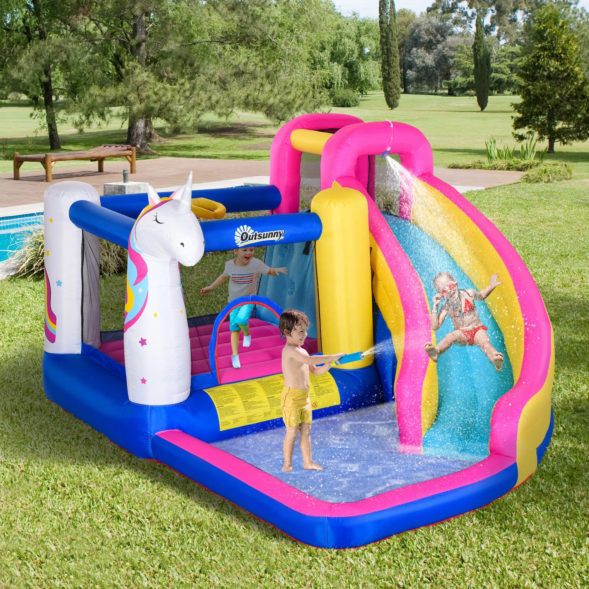 Unicorn 5-in-1 Large Inflatable Bounce House Water Slide - Pet and Family Living 