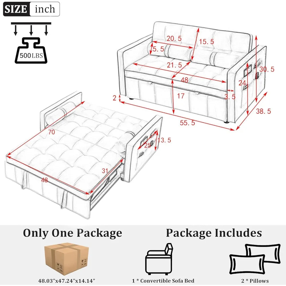 3 in 1 Pull Out Convertible Sofa Bed with USB Ports - Pet and Family Living 
