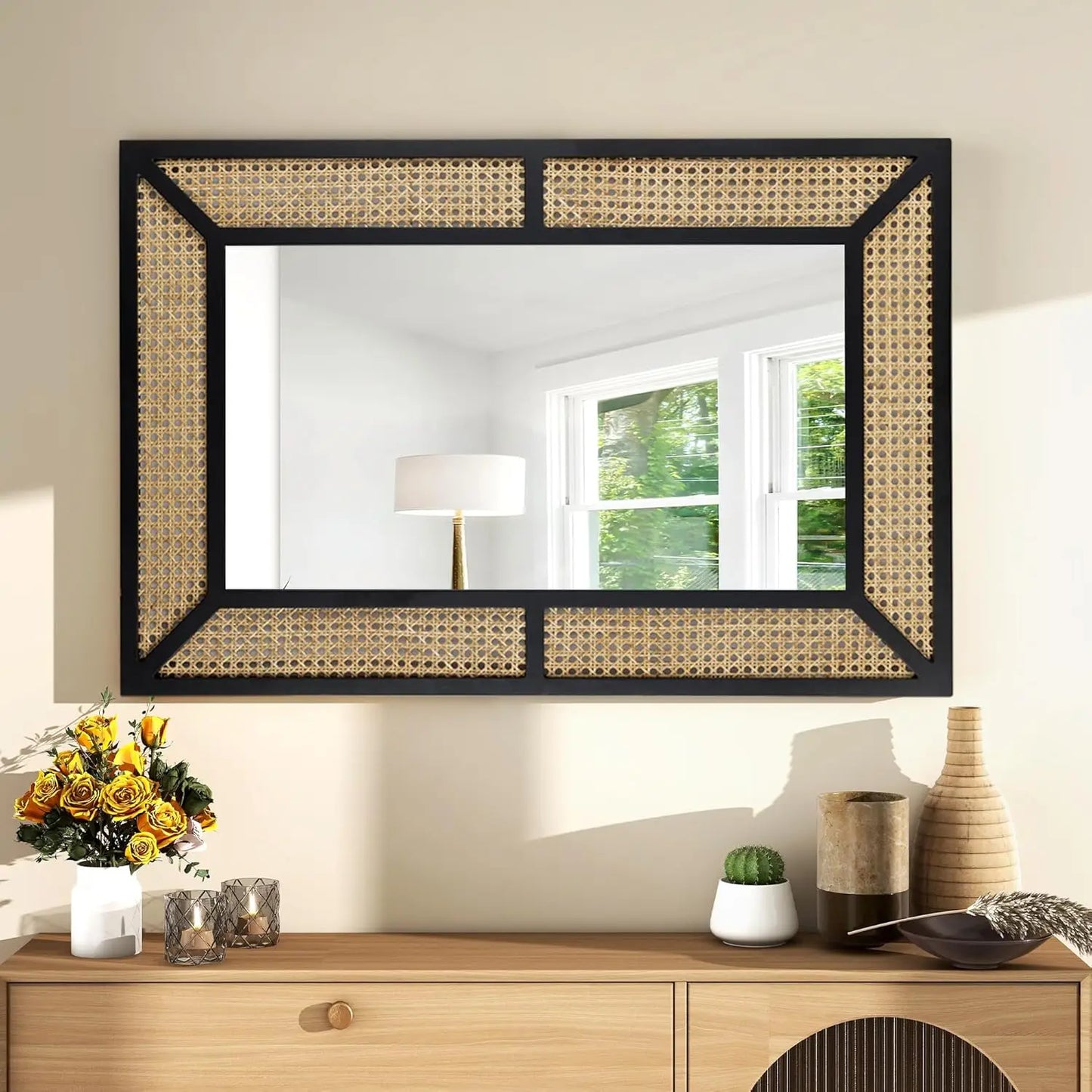 Bohemian Rattan Wall Mirror in Black 23.6 x 35.5 - Pet and Family Living 
