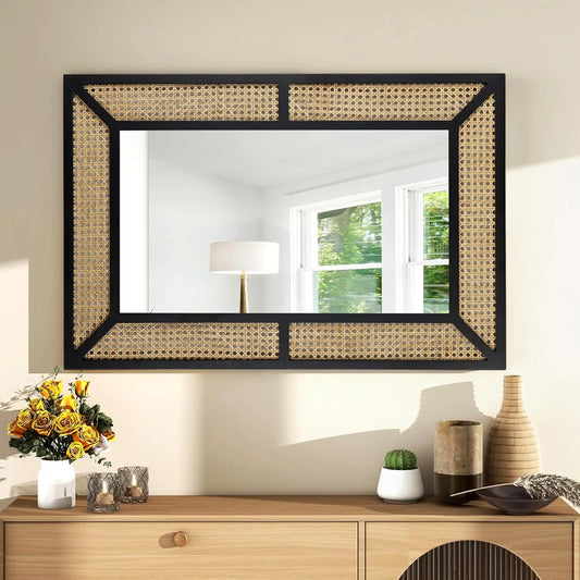 Bohemian Rattan Wall Mirror in Black 23.6 x 35.5 - Pet and Family Living 