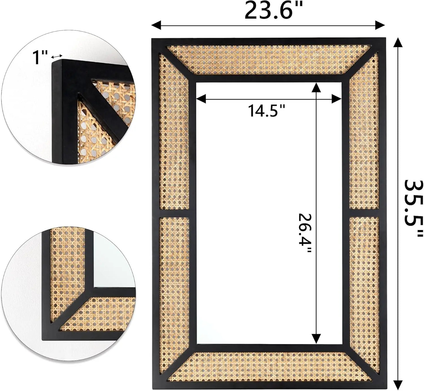 Bohemian Rattan Wall Mirror in Black 23.6 x 35.5 - Pet and Family Living 