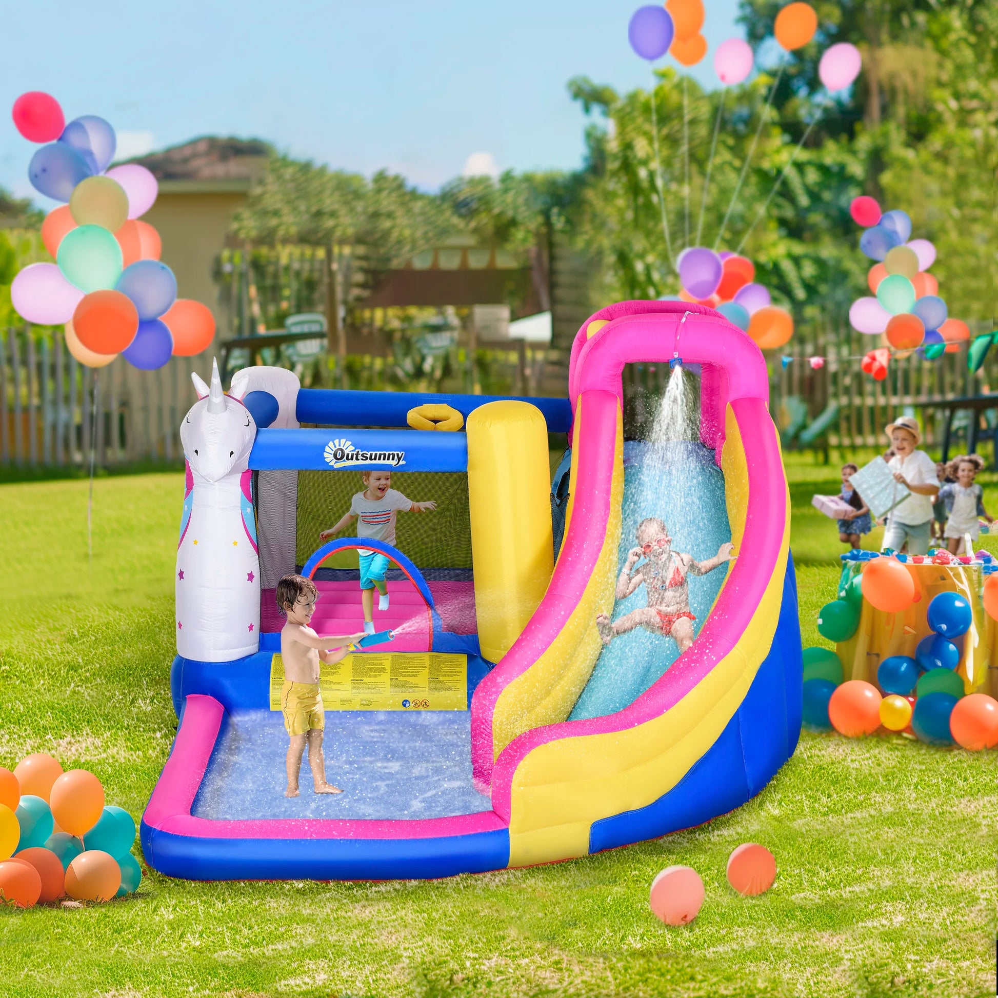 Unicorn 5-in-1 Large Inflatable Bounce House Water Slide - Pet and Family Living 