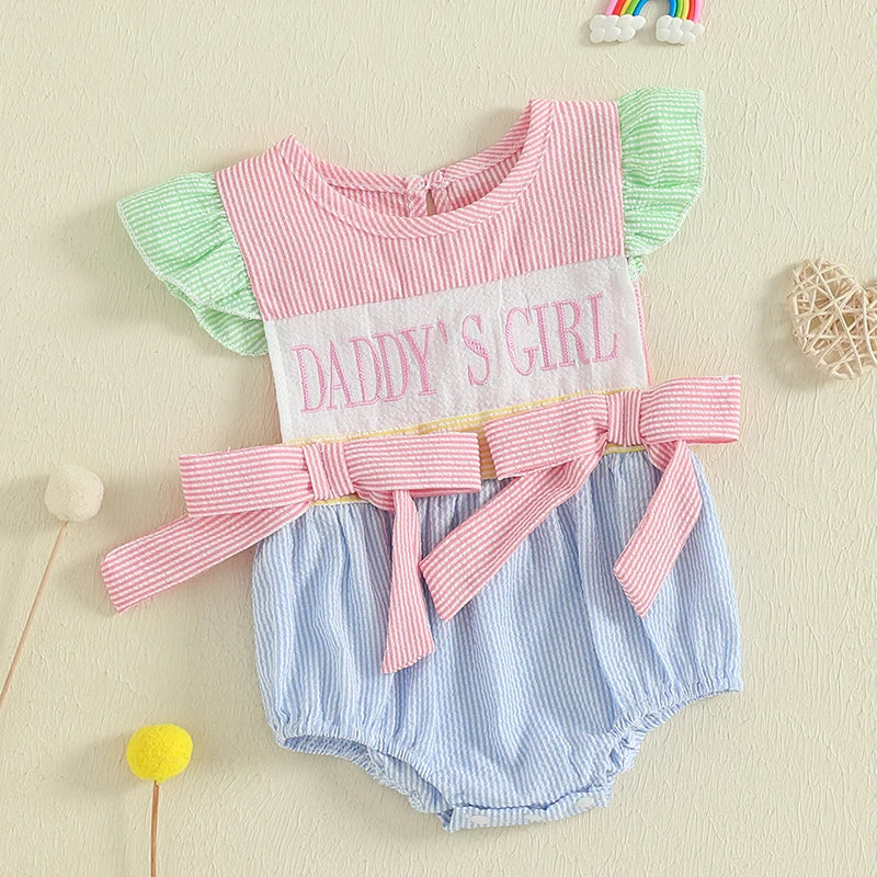 Adorable Baby Girls Romper with Flutter Sleeves Striped Design Cute Bows and Embroidered Letters - Perfect Summer Outfit for Little Ones - Pet and Family Living 
