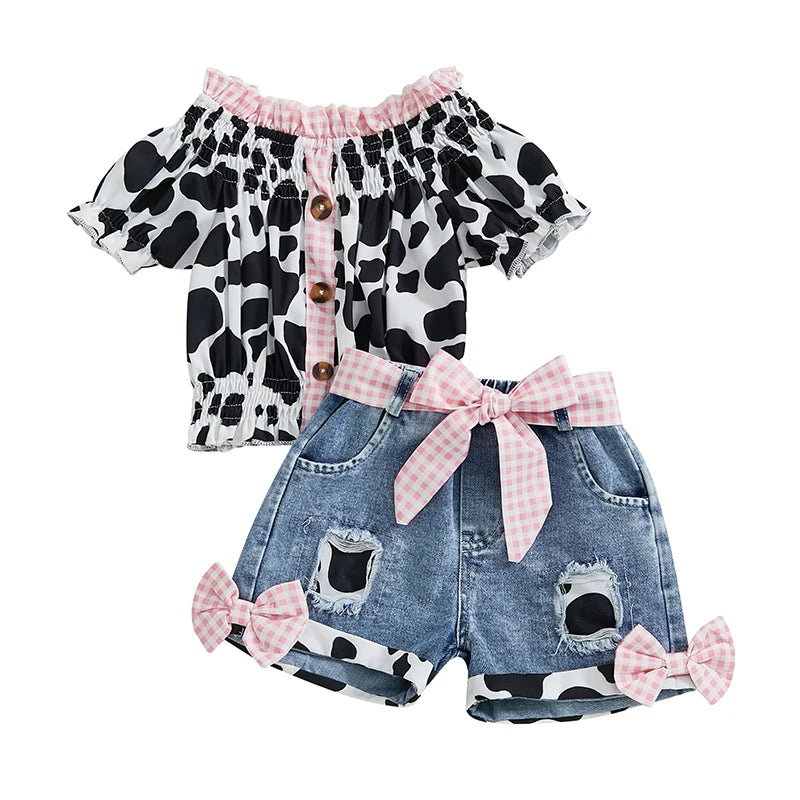 Girls Summer Outfit Leopard Print Top and Denim Shorts Set - Pet and Family Living 