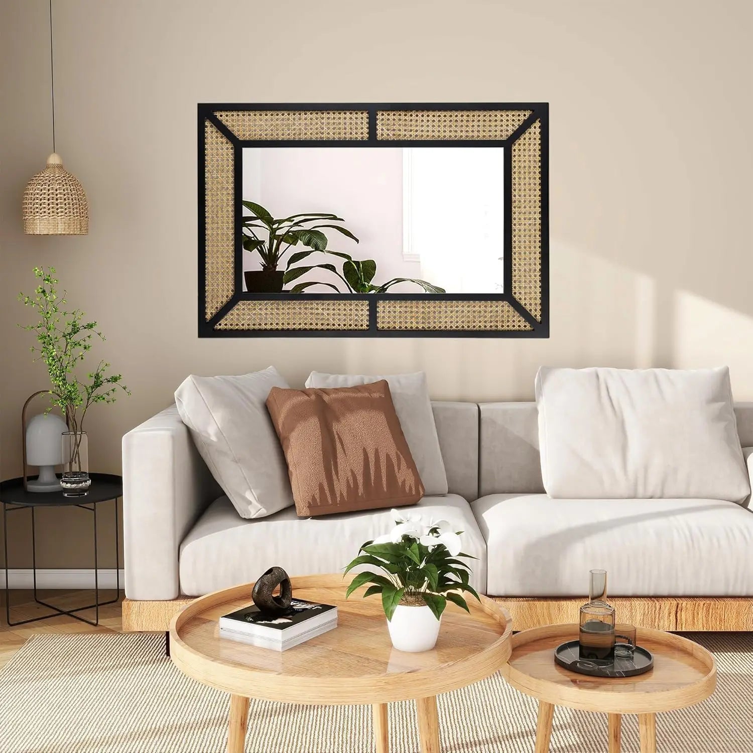 Bohemian Rattan Wall Mirror in Black 23.6 x 35.5 - Pet and Family Living 