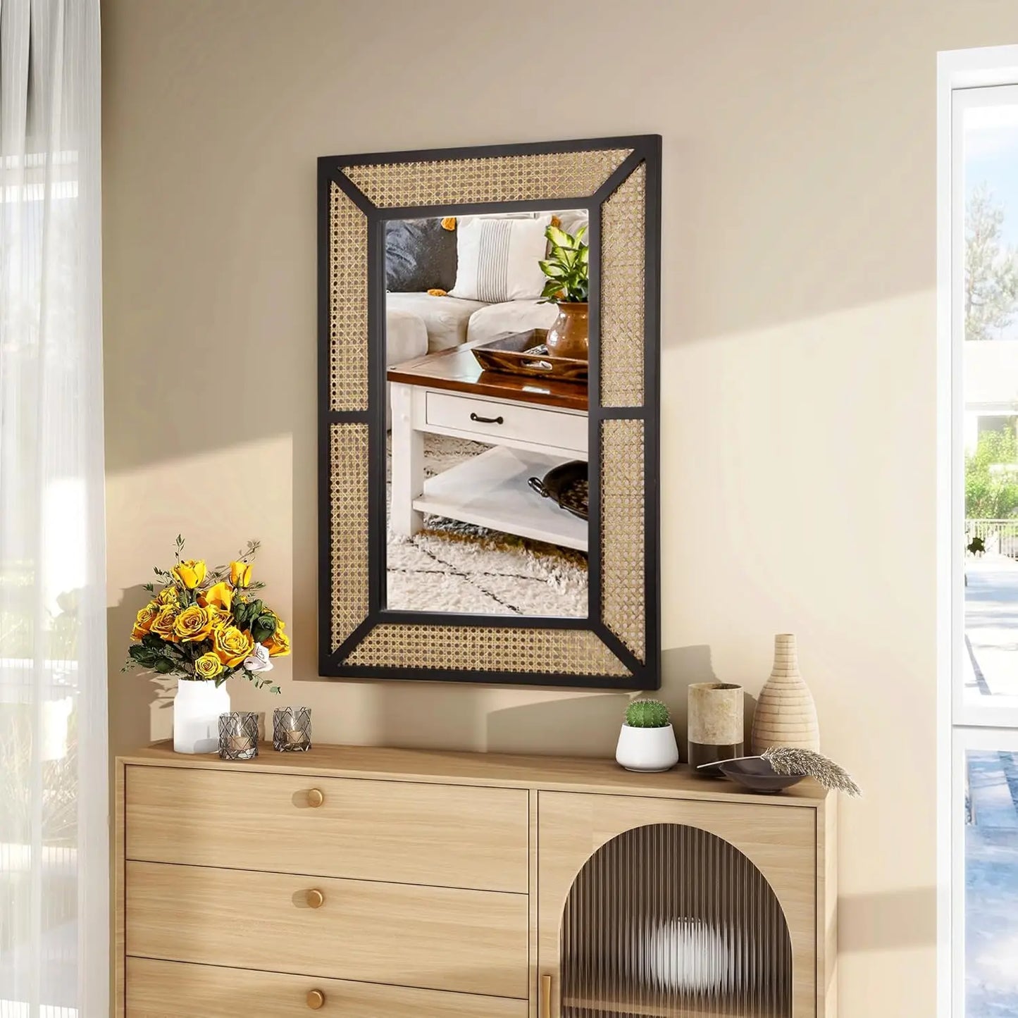 Bohemian Rattan Wall Mirror in Black 23.6 x 35.5 - Pet and Family Living 