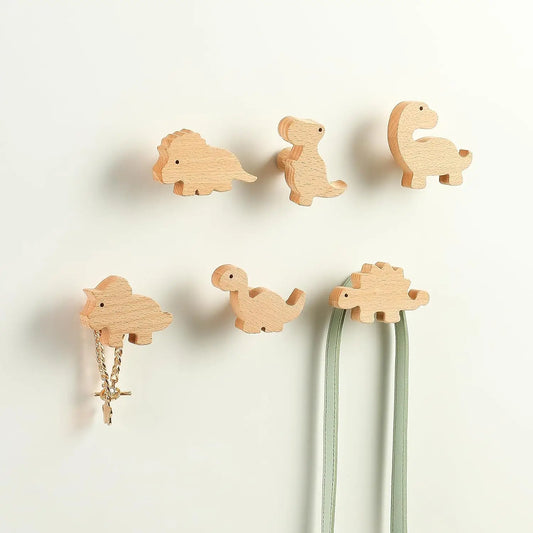 Natural Dinosaur Wooden Wall Hooks Set of 6 - Pet and Family Living 