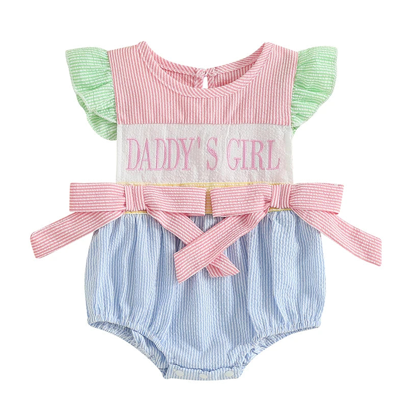Adorable Baby Girls Romper with Flutter Sleeves Striped Design Cute Bows and Embroidered Letters - Perfect Summer Outfit for Little Ones - Pet and Family Living 