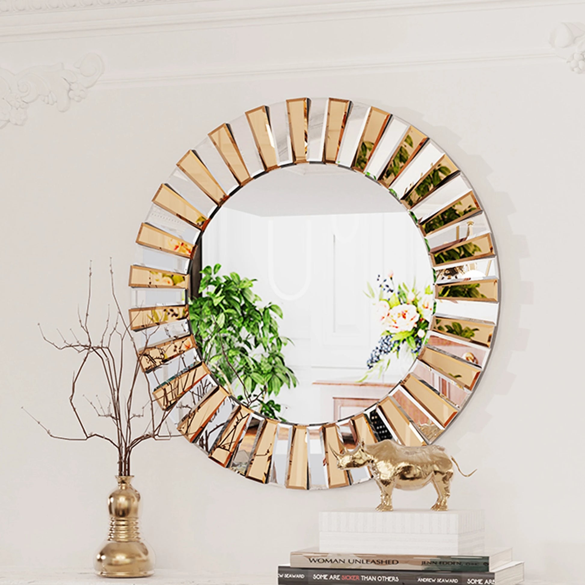 Sunburst Round Wall Mirror With Beveled Edge - Pet and Family Living 