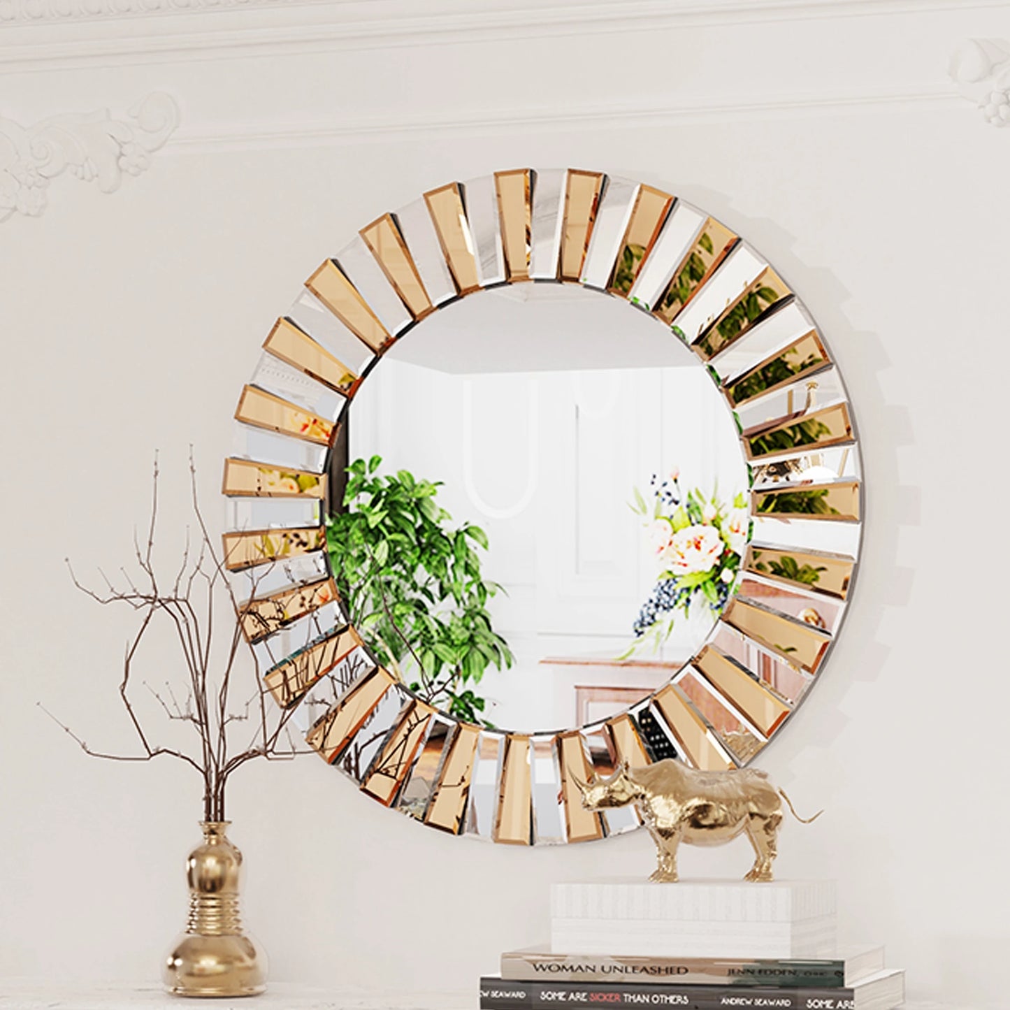 Round Sunburst Wall Mirror with Beveled Edge - Pet and Family Living 
