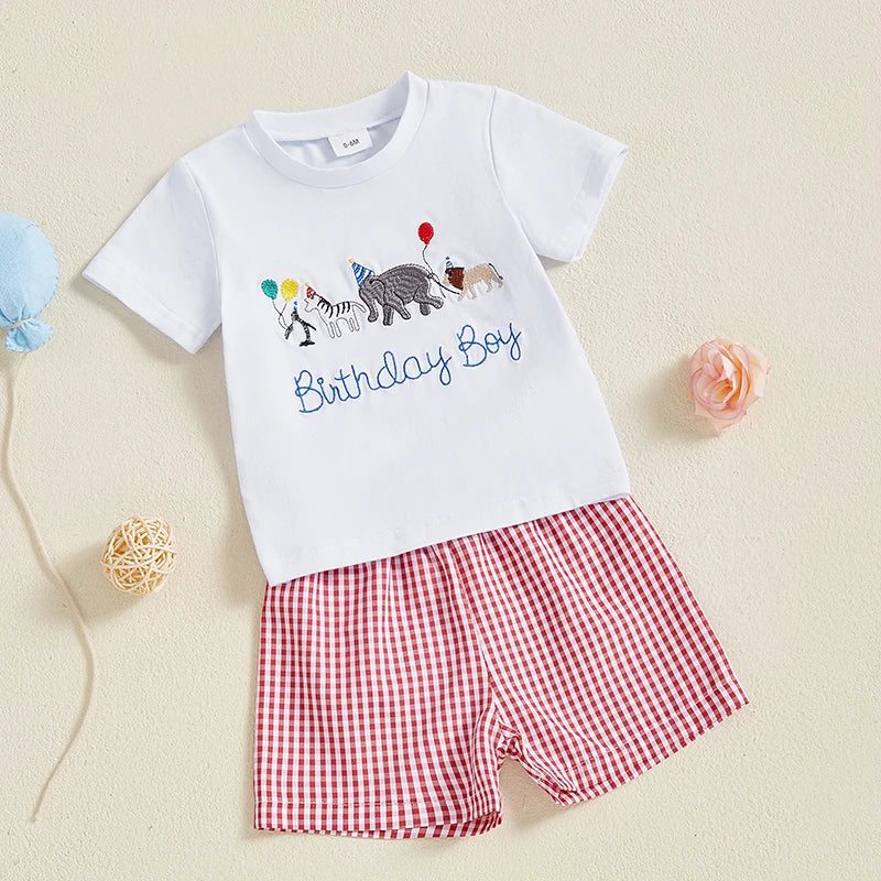 Baby Boy Birthday Outfit Set with Cute Animal Print Top and Stylish Plaid Shorts - Toddler 2 Piece Clothing Set - Pet and Family Living 