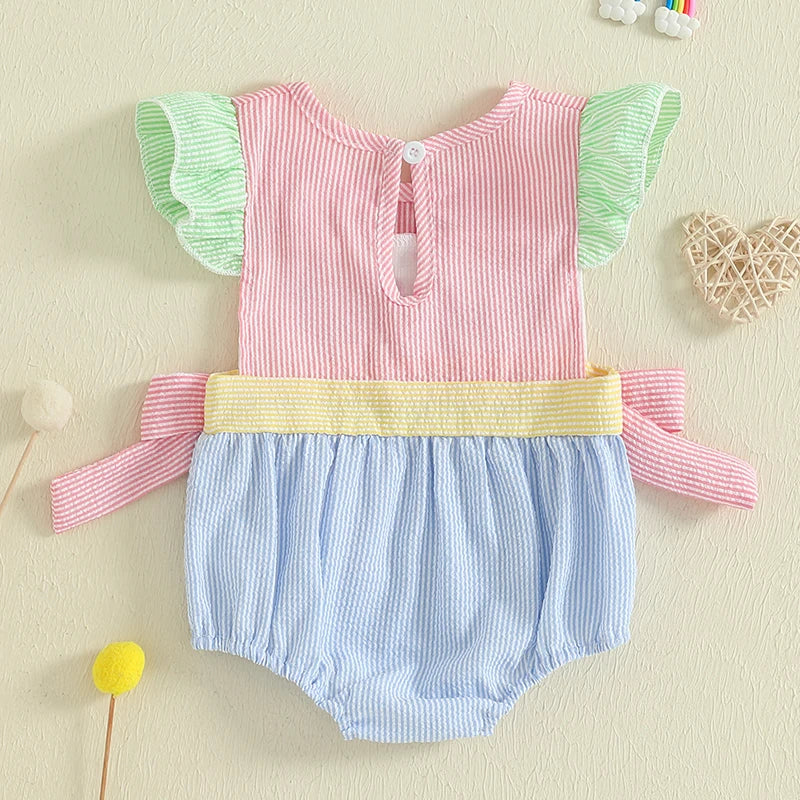 Adorable Baby Girls Romper with Flutter Sleeves Striped Design Cute Bows and Embroidered Letters - Perfect Summer Outfit for Little Ones - Pet and Family Living 