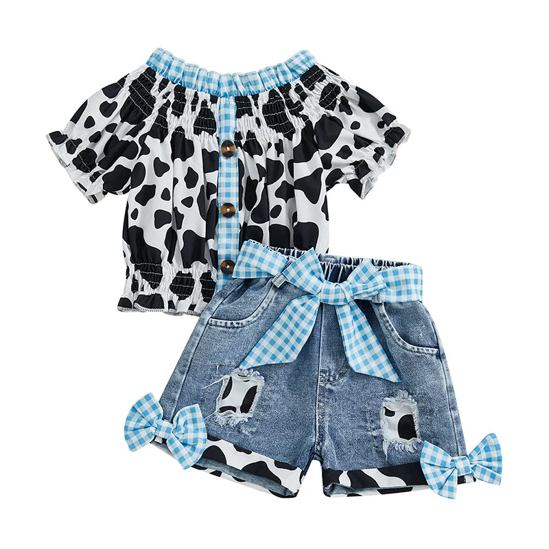 Girls Summer Outfit Leopard Print Top and Denim Shorts Set - Pet and Family Living 