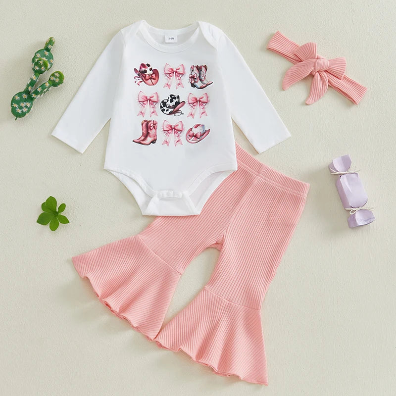 Baby Girls Bow Print Romper and Flare Pants Set - Pet and Family Living 