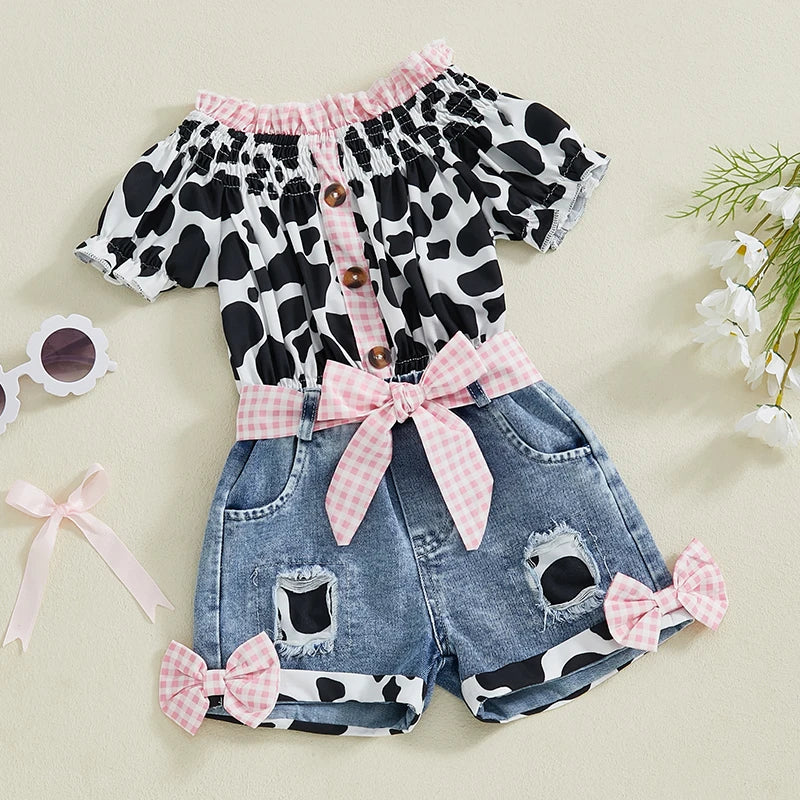 Girls Summer Outfit Leopard Print Top and Denim Shorts Set - Pet and Family Living 
