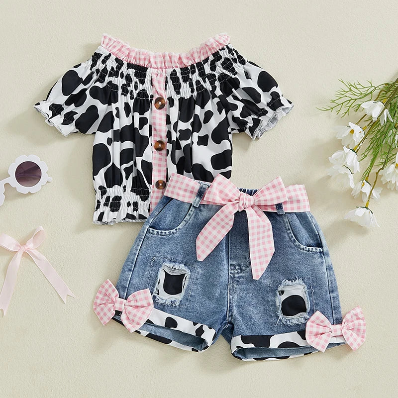 Girls Summer Outfit Leopard Print Top and Denim Shorts Set - Pet and Family Living 