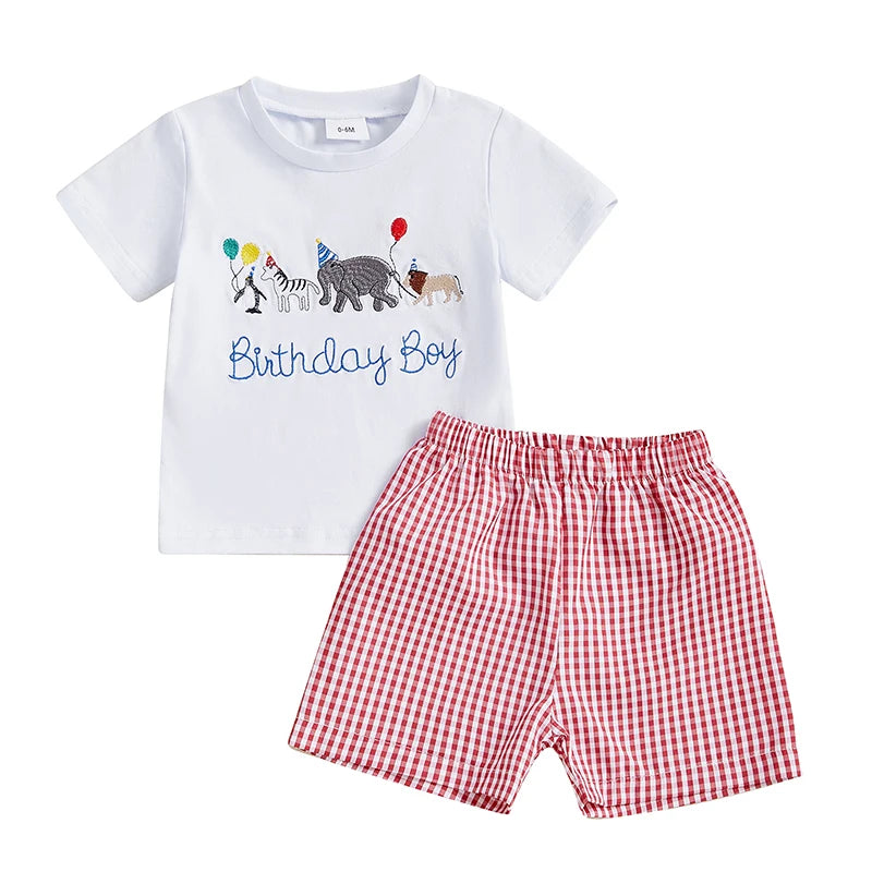 Baby Boy Birthday Outfit Set with Cute Animal Print Top and Stylish Plaid Shorts - Toddler 2 Piece Clothing Set - Pet and Family Living 